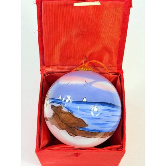 Glass Hand Painted Ornament Ball Lighthouse with Keepsake Box | Vintage Christm - Picture 2 of 9
